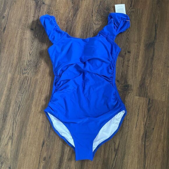 Eomenie Women's Blue One Piece Ruffle Shoulder Swimsuit Size M - Picture 2 of 9
